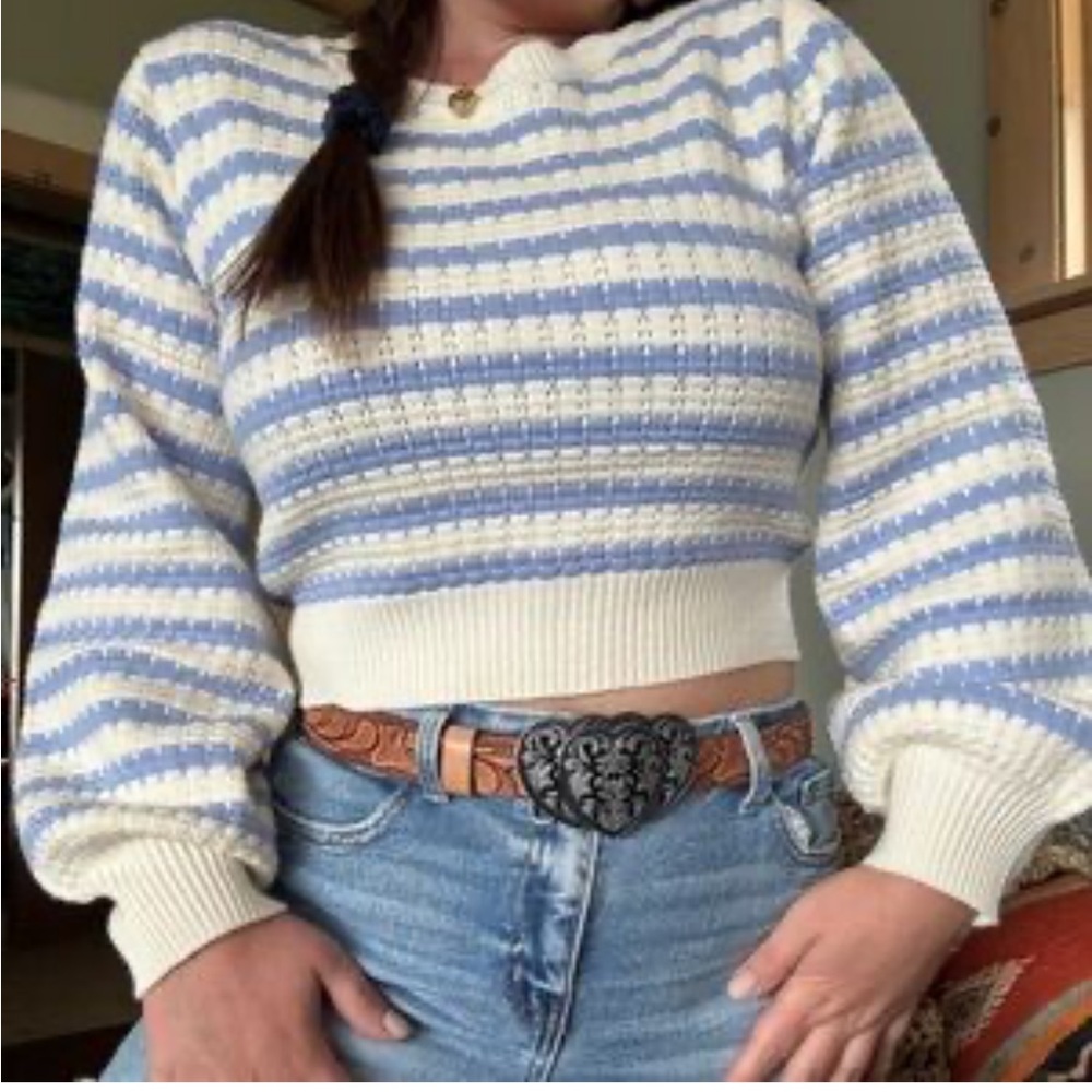 Altar'd State Blue and White Striped Crop Sweater